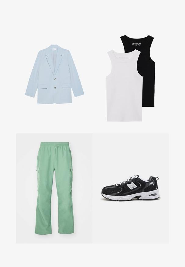 Gaiši zils bleiseris, izgatavots no gludas auduma; ar divām priekšējām kabatām, vienu pogu aizdari un asas klapītes.; Divi pieguļoši iedobumi melnā un baltā krāsā. Izgatavoti no ribota kokvilnas, tiem ir platai siksnas un apaļi kakli. Zīmols uz apkakles.; Gaiši zaļi kravas bikses ar elastīgu jostu, izgatavotas no gludas auduma, ar divām sānu kabatām un taisnu kāju griezumu.; Melnas un pelēkas sporta kurpes ar acs un zamša augšu, ar baltu starpsole, auklām un uz sāniem izteiksmīgu "N" logo.