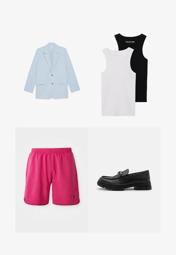 Hele sinine bleiser, mis on valmistatud siledast kangast; sisaldab kahte esist jakikot, ühe nööbi sulgemist ja teravate kraede kujundust.; Kaks sobivat tanktoppi mustas ja valges. Valmistatud ribades puuvillast, neil on laiad rihmad ja ümarad kaelused. Bränding krael.; Erksad roosad spordilühikesed püksid elastse vöökohtaga ja väikese brändi logoga vasakul all jalaosas valgel taustal.; Must hästnahkade läiked, millel on ümar nina, dekoratiivne rihm ja hõbedased detailid ning paks tekstureeritud talla. Sile viimistlus koos peente detailidega.