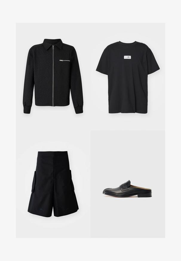 Musta vetoketjullinen takki, jossa on teksturoitu logokuvio, kauluksellinen kaula ja sivuvelcro-tasku. Ominaisuuksiin kuuluvat ribattuja hihansuita ja helma.; Musta puuvillapaita, jossa on pyöreä kaula-aukko, lyhyet hihat ja suorakulmainen valkoinen etiketti, jossa on numeroita ja graafinen kuvio.; A-COLD-WALL* FORM SHORT - Shortsit - black onyx; Musta nahkainen slip-on-kengät, joissa on pyöristetty kärki, matala korko ja etuolka. Suora pinta, jossa on hienovarainen logoyksityiskohta hihnassa.