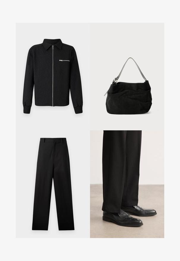 Musta vetoketjullinen takki, jossa on teksturoitu logokuvio, kauluksellinen kaula ja sivuvelcro-tasku. Ominaisuuksiin kuuluvat ribattuja hihansuita ja helma.; Musta pitkähihais T-paita, valmistettu puuvillasta, jossa on pyöreä pääntie ja yksinkertainen muotoilu ilman näkyviä kuvioita tai koristeluja.; Mustat puuvillapantsit suoralla lahkeella, joissa on etupuolen nappikiinnitys ja sivutaskut. Kuitenkin sileä pinta, ilman kuvioita.; Mustat nahkakengät, joissa on teksturoitu kuusikulmainen kuvio, matala profiili ja sileä pinta. Yhdistetty mustiin räätälöityihin housuihin.; Mustan mokkanahan laukku, jossa on pehmeä ja rosoinen muotoilu. Varustettu ohuella, sileällä nahkahihnalla ja hienovaraisilla ompeluyksityiskohdilla.