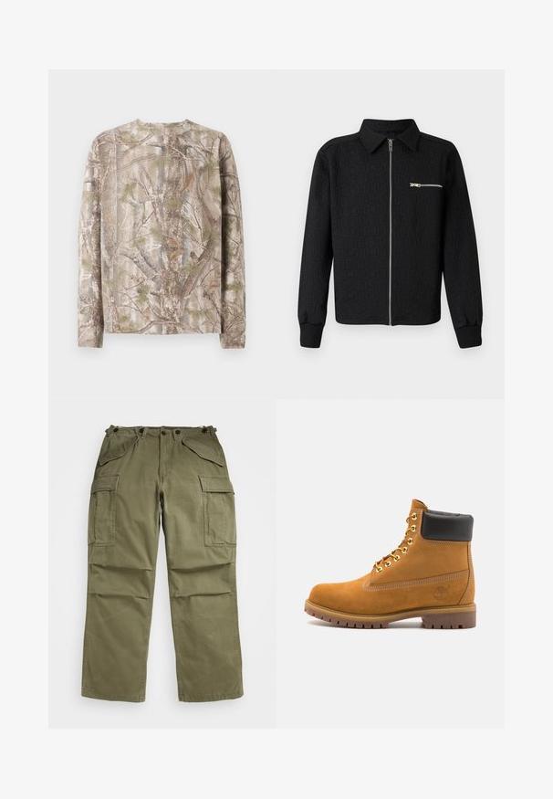 Giacca nera con zip, caratterizzata da un motivo logo testurizzato, collo a camicia e tasca laterale con zip. Presenta polsini e orlo a coste.; Camicia a maniche lunghe con motivo mimetico in tonalità di marrone, verde e grigio, con collo rotondo e taglio rilassato. La superficie testurizzata ricorda la corteccia degli alberi.; Pantaloni cargo verde oliva realizzati in tessuto strutturato, dotati di molteplici tasche frontali e laterali e di cuciture rinforzate sulle cuciture.; Stivale alla caviglia in suede tan con collare imbottito nero, occhielli in metallo dorato, dettagli in cucitura bianca e suola in gomma robusta con battistrada pronunciato.