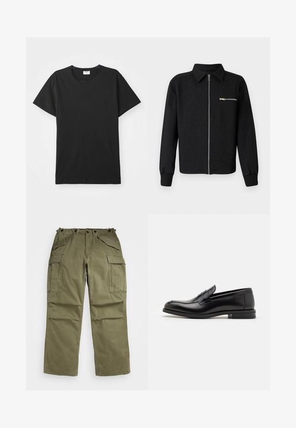 Black zip-up jacket with a textured logo pattern, collared neck, and side zip pocket. Features ribbed cuffs and hem.; Black short-sleeve T-shirt with a round neckline, made of smooth cotton fabric. Simple design with no patterns or accents.; Olive green cargo pants made of textured fabric, featuring multiple front and side pockets and reinforced stitching on seams.; Black leather loafers with a smooth texture, rounded toe, and a decorative strap across the vamp. Low stacked heel, minimalist design.