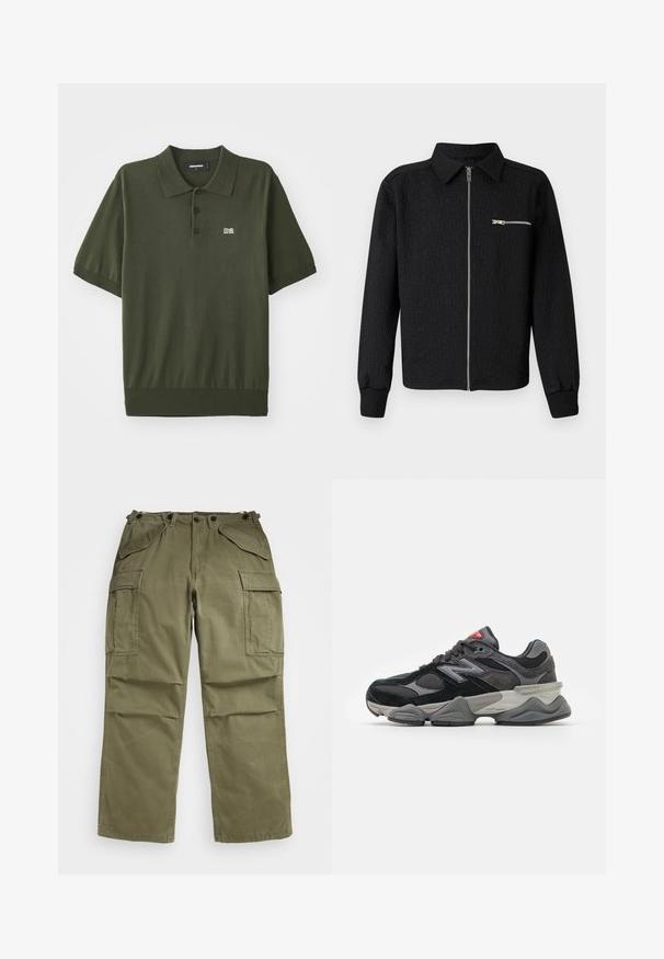 Zwarte zip-up jas met een textuurpatroon van het logo, kraag, en zijzak met rits. Voorzien van ribgebreide manchetten en zoom.; Donkergroen polo-shirt van gebreide stof. Heeft een klassieke kraag, drie knopen, korte mouwen en een klein "D2" logo op de borst.; Olijfgroene cargobroek van gestructureerde stof, met meerdere voor- en zijzakken en versterkte stiksels op de naden.; Zwarte en grijze sneaker met een mix van suede en mesh materialen, dikke zool, opvallend logo en een rode accent op de tong.