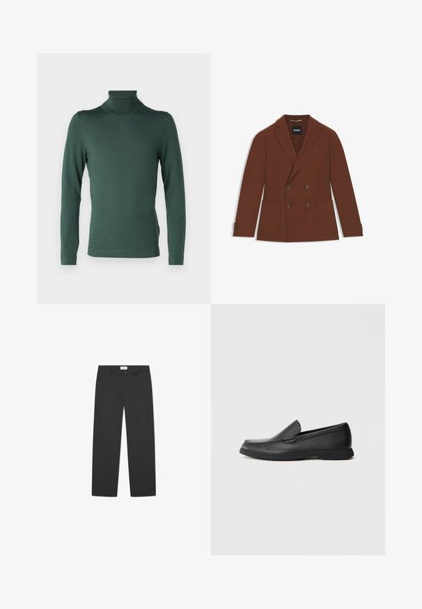 Blazer marrone doppiopetto con rever a contrasto, due tasche frontali e bottoni. Tessuto liscio con un design strutturato. Etichetta del marchio visibile.; DRYKORN JOEY - Maglione - green; Pantaloni neri in tessuto leggero. Presentano un design a gamba dritta con una parte frontale piatta, tasche laterali e una vita discreta.; Mocassino slip-on in pelle nera con sopra testurizzato, punta arrotondata, tacco basso e suola in gomma, mostrato in profilo laterale su sfondo bianco.