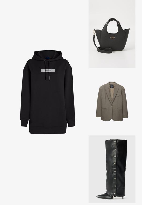 Brauner Blazer mit strukturierten Schultern, einreihiger Knopfschluss und Reverskragen. Verfügt über zwei frontale Taschen und ein glattes Innenfutter.; Schwarzer Kapuzenpullover aus Baumwollmischung, mit einem rechteckigen weißen Logo-Patch auf der Brust und einer Kordelzugverstellung an der Kapuze.; Schwarze Lederstiefel mit hohen Absätzen, die ein tailliertes Design, eine spitze Zehe und silberne Druckknopfakzente entlang der Seite aufweisen.; Schwarze, strukturierte Handtasche mit kurzen Griffen und einem abnehmbaren Schultergurt. Mit einem goldenen Logo-Akzent. Kompakte, strukturierte Form.