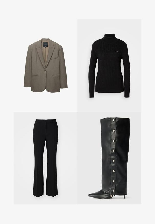 Bruine blazer met gestructureerde schouders, enkele knopen sluiting en notch revers. Voorzien van twee voorzakken en een gladde binnenvoering.; Zwart coltrui in een gestructureerd kabelbreipatroon. Heeft lange mouwen en een aansluitende snit. Klein logo op de borst.; Zwarte op maat gemaakte broek met een flare-vorm. Gemaakt van een gladde stof met voren geplaatste plooien en een platte tailleband. Geen zichtbare zakken.; Zwarte leren hoge hakken laarzen met een nauwsluitend ontwerp, spitse neus en zilveren drukknoopaccenten langs de zijkant.