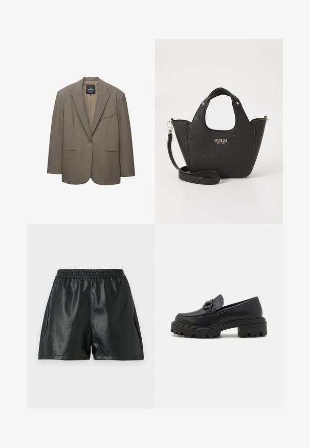 Bruine blazer met gestructureerde schouders, enkele knopen sluiting en notch revers. Voorzien van twee voorzakken en een gladde binnenvoering.; Witte cable-knit trui met lange mouwen, ronde halslijn en geribde zoom. Bevat een klein gemarkeerd logo op de borst.; Zwarte nep leren shorts met een elastische tailleband, voorzien van een gladde textuur en een losse pasvorm. Geen zichtbare patronen of accenten.; Zwarte leren loafers met een stevige loopzool, voorzien van een decoratieve riem en ronde neus. Gladde textuur met stikseldetails.; Zwarte getextureerde handtas met korte handgrepen en een afneembare schouderband. Voorzien van een gouden logo-accent. Compacte, gestructureerde vorm.