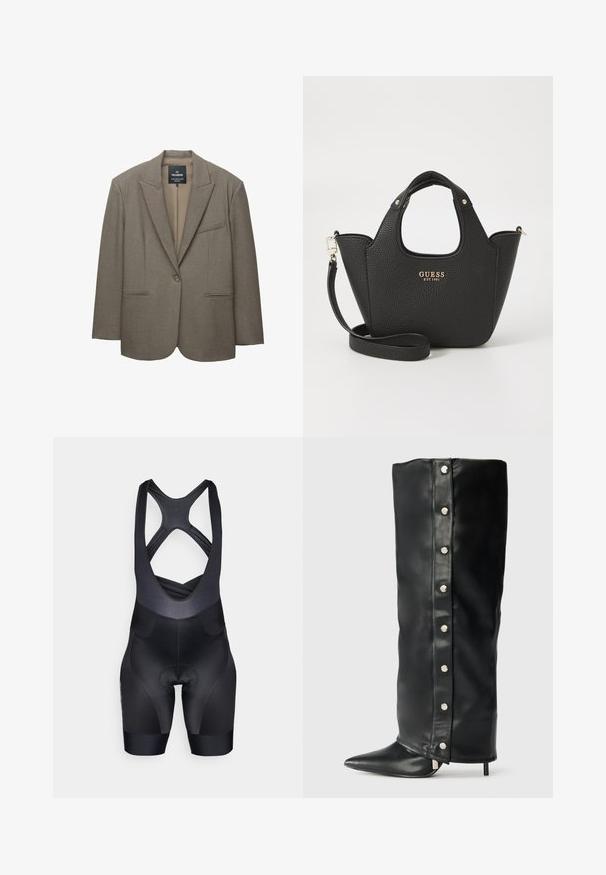 Brązowa marynarka z wyraźnymi ramionami, pojedynczym zapięciem na guzik i klapami. Posiada dwie przednie kieszenie oraz gładką podszewkę.; Biały sweter z dzianiny w splot warkoczowy, z długimi rękawami, okrągłym dekoltem i ściągaczem u dołu. Posiada małe logo marki na piersi.; Czarne szorty rowerowe w formie bielizny z dopasowanym krojem, teksturowaną górną częścią i wyściełanym siedziskiem. Posiadają krzyżujące się ramiączka i brak widocznych logo.; Czarne skórzane kozaki na wysokim obcasie z dopasowanym krojem, spiczastym noskiem i srebrnymi zatrzaskami wzdłuż boku.; Czarna torebka o teksturowanej powierzchni z krótkimi rączkami i odpinanym paskiem na ramię. Zawiera złoty akcent z logo. Kompaktowy, usztywniony kształt.