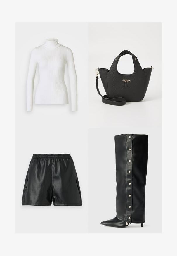 Hnedý blejzer so štruktúrovanými ramenami, zapínanie na jeden gombík a výstrih s našitými klopami. Obsahuje dve predné vrecká a hladkú vnútornú podšívku.; Biely rebrovaný rolák s dlhými rukávmi, charakteristický priliehavým strihom a jemnou textúrou. Plochý golier a bezšvový vzhľad.; Čierne šortky z umelej kože s elastickým pásom, s hladkou textúrou a voľným strihom. Žiadne viditeľné vzory ani akcenty.; Čierne kožené vysoké podpätky s priliehavým dizajnom, špicatou špičkou a striebornými cvokovými gombíkmi po stranách.; Čierna textúrovaná kabelka s krátkymi uchami a odnímateľným ramenným popruhom. Vybavená zlatým logom. Kompaktný, štruktúrovaný tvar.