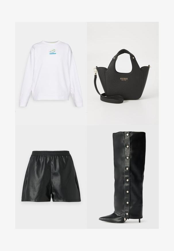 Brun blazer med strukturerade axlar, enkel knappstängning och snedskurna slag. Har två framfickor och en slät innerfoder.; Vit sweatshirt med rund halsringning, långa ärmar och en liten flerfärgad "Lotto"-logotyp på bröstet. Mjukt och slätt material.; Svarta короткі byxor i konstläder med elastisk midja, med en jämn textur och lös passform. Inga synliga mönster eller accenter.; Svarta läderhögklackade stövlar med en åtsittande design, spetsig tå och silverfärgade tryckknappar längs sidan.; Svart texturerad handväska med korta handtag och avtagbar axelrem. Har en gold logotypdetalj. Kompakt, strukturerad form.