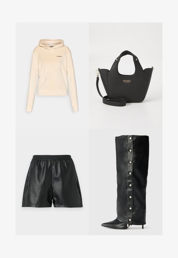 Brown blazer with structured shoulders, single button closure, and notched lapels. Features two front pockets and a smooth inner lining.; Cream-colored hoodie made of soft fabric, featuring a kangaroo pocket and a logo on the chest. Long sleeves with fitted cuffs.; Black faux leather shorts with an elastic waistband, featuring a smooth texture and loose-fitting design. No visible patterns or accents.; Black leather high-heeled boots featuring a fitted design, pointed toe, and silver snap button accents along the side.; Black textured handbag with short handles and a removable shoulder strap. Features a gold logo accent. Compact, structured shape.