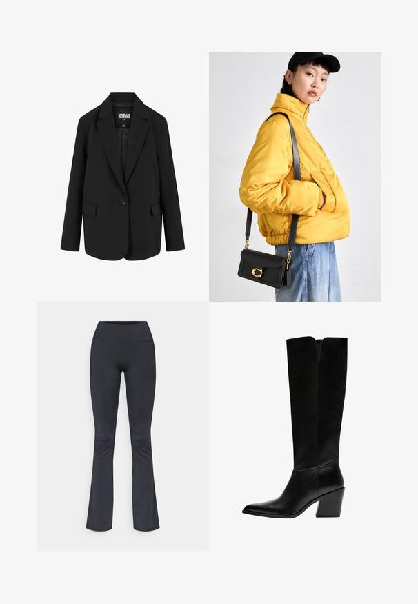 Blazer nero dal design strutturato con chiusura a un bottone, revers a lancia e due tasche frontali. Realizzato in tessuto morbido con una vestibilità tailored.; T-shirt bianco scollato sulle spalle realizzato in un tessuto morbido e leggero. Maniche corte, forma aderente e orlo arrotolato. Texture liscia.; Leggings neri svasati realizzati in materiale elastico, con vita alta e tasche laterali per funzionalità. Texture liscia, dettagli minimi.; Stivali neri al ginocchio in pelle liscia, con punta appuntita, tacco a blocco e un'apertura a forma di V nella parte superiore.; Giacca gialla imbottita con colletto alto e tasca anteriore, abbinata a una borsa a tracolla nera con dettagli in oro. Pantaloni in denim casual.