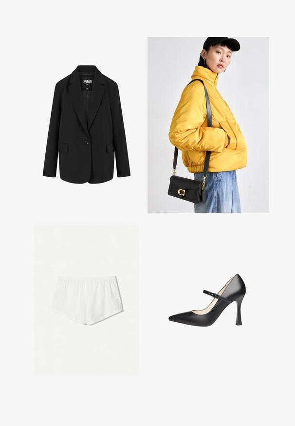 Blazer noir au design structuré avec une fermeture à un bouton, des revers en pointe et deux poches avant. Fabriqué en tissu lisse avec une coupe ajustée.; T-shirt blanc court en coton. Dispose d'un texte rouge : "OUPS SI JE SEMBLAIS INTÉRESSÉE BÉBÉ, JE NE LE SUIS PAS." Manches courtes et col rond.; Shorts en coton blanc avec une taille élastique, présentant un design simple et une texture lisse. La silhouette est décontractée et courte.; Escarpin Mary Jane noir en cuir avec talon haut, bout pointu, bride cheville et surface texturée. Doté d'un talon structuré pour le soutien.; Veste matelassée jaune avec col montant et poche avant, associée à un sac bandoulière noir avec quincaillerie dorée. Bas en denim décontractés.