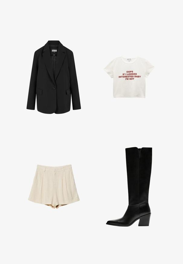 Black blazer in a structured design with a single button closure, notch lapels, and two front pockets. Made from smooth fabric with a tailored fit.; White cropped t-shirt made of cotton. Features red text: "OOPS IF I LOOKED INTERESTED BABY I'M NOT." Short sleeves and round neckline.; Beige linen shorts with pleats, a flat waistband, and side pockets. The fabric has a soft texture and a tailored, straight cut.; Black knee-high boots made of smooth leather, featuring a pointed toe, a block heel, and a V-shaped cutout at the top.