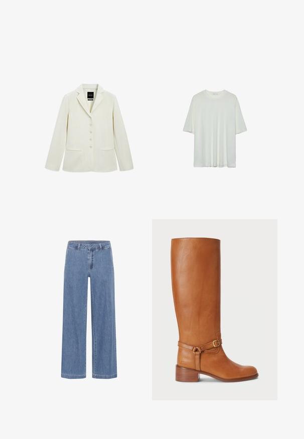 Kremowy blazer jednorzędowy z klapami o szpiczastym kształcie, pięcioma guzikami, dwiema kieszeniami z patkami z przodu oraz długimi rękawami.; Biała koszulka z krótkim rękawem, okrągły dekolt, miękka tkanina bawełniana, luźny krój, bezszwowy dół, minimalistyczny design bez zdobień.; My Essential Wardrobe WIDE niebieski denim; Wysokie brązowe skórzane botki o gładkim wykończeniu, z bocznym paskiem na klamrze i warstwowym obcasem. Wierzch ma prosty, nieozdobiony design.