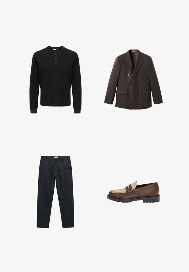 Double-breasted brown blazer made of smooth fabric, featuring two front pockets and notched lapels, with a structured silhouette.; Black long-sleeve henley shirt made of textured fabric with three button placket, round neck, and fitted cuffs.; Dark denim trousers featuring a straight leg design, front pockets, button closure, and belt loops. Smooth texture with minimal stitching details.; Brown leather loafer with a beige leather accent and stitched detail. Features a low, textured black sole and a classic design.