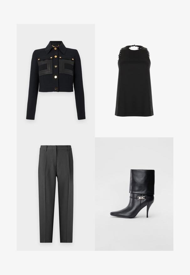 Fekete, rövidített dzseki hosszú ujjal, struktúrált gallérral, arany gombokkal az elején, és varrott téglalap alakú bőrpanel részletekkel a mellrészen.; Fekete, ujj nélküli felső, magas nyakkivágással, amely szakadt csipke díszítéssel rendelkezik a vállaknál, és sima, puha tapintású.; Sötétszürke, testre szabott nadrág, lapos elülső résszel, oldalsó zsebekkel és egyenes szárú kialakítással, sima textúrával.; Fekete bőr bokacsizma hegyes orral, magas stiletto sarokkal, hajtott szegéllyel és arany díszcsattal a bokán.