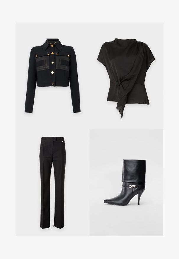 Czarna krótka kurtka z długimi rękawami, zbudowanym kołnierzem, złotymi guzikami na przodzie i przeszytymi prostokątnymi skórzanymi panelami na klatce piersiowej.; Czarna bluzka wykonana z gładkiego materiału, z drapowanym fasonem i przewiązanym detalem w talii oraz krótkimi rękawami.; Czarne spodnie o dopasowanym kroju z prostymi nogawkami, z paskiem w talii z zapięciem na guzik oraz bocznymi rozcięciami u dołu.; Czarne skórzane botki za kostkę z ostrym noskiem, wysokim obcasem w kształcie stiletto, z załamanym mankietem oraz złotym dekoracyjnym zapięciem na kostce.