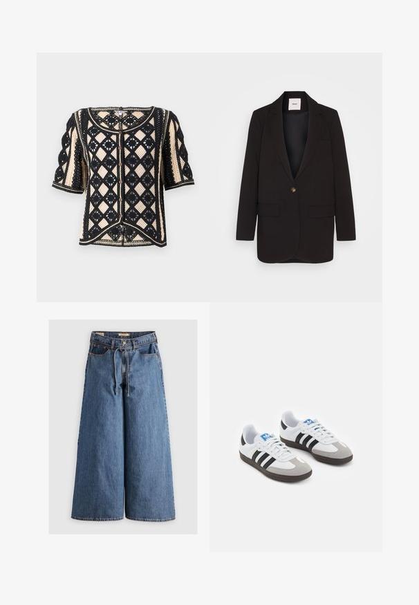 Czarny żakiet zapinany na jeden guzik, z dwoma przednimi kieszeniami, klapami z wycięciem i gładką teksturą. Metka widoczna wewnątrz kołnierza.; Czarny i kremowy kardigan na krótki rękaw w geometrycznym wzorze z koronką, zapinany na guziki, z ozdobnymi detalami wykończenia.; Czarny body z koronką, z długimi rękawami, kwiatowymi wzorami i okrągłym dekoltem; ma wycięcie thong na dole, co zapewnia dopasowaną sylwetkę.; Spodnie denimowe o szerokich nogawkach w średnim odcieniu niebieskiego, z wysokim stanem, z sznurkiem w talii, pięcioma kieszeniami oraz kontrastowymi szwami.; Buty sportowe z białą skórzaną cholewką, szarym zamszowym noskiem i trzema czarnymi paskami. Posiadają niebieskie logo na języku oraz teksturowaną gumową podeszwę.