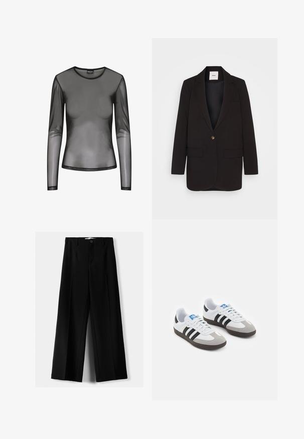 Crni sako s jednim dugmetom, dva prednja džepa, izrezanim reverom i glatkom teksturom. Oznaka vidljiva unutar ovratnika.; Crna duga majica od mrežastog materijala s okruglim izrezom, prozirne tkanine i uskog kroja. Rubovi su obrubljeni crnim šavovima.; Crne široke hlače izrađene od lagane tkanine, s prednjim zatvaranjem na dugme i ravnim prednjim dijelom, sa uredno šivenim rubovima.; Sportske cipele s gornjištem od bijele kože, sivi suedinasti nos i tri crne pruge. Imaju plavi logo na jeziku i teksturiranu gumenu podlogu.