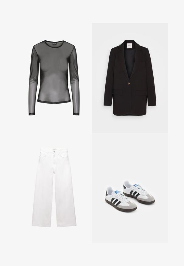 Sacou negru cu închidere printr-un singur buton, două buzunare frontale, rever ascuțit și o textură netedă. Eticheta este vizibilă în interiorul gulerului.; Top negru cu mâneci lungi din plasă, cu decolteu rotund, fabrică transparentă și croială mulată. Marginile sunt finisate cu cusături negre.; Blugi albi cu croiala larga, din bumbac, cu talie inalta, design cu cinci buzunare si accente din alamă. Textura netedă, fără uzură.; Încălțăminte sport cu un superior din piele albă, vârf din suede gri și trei dungi negre. Prezintă un logo albastru pe limbă și o talpă din cauciuc texturat.