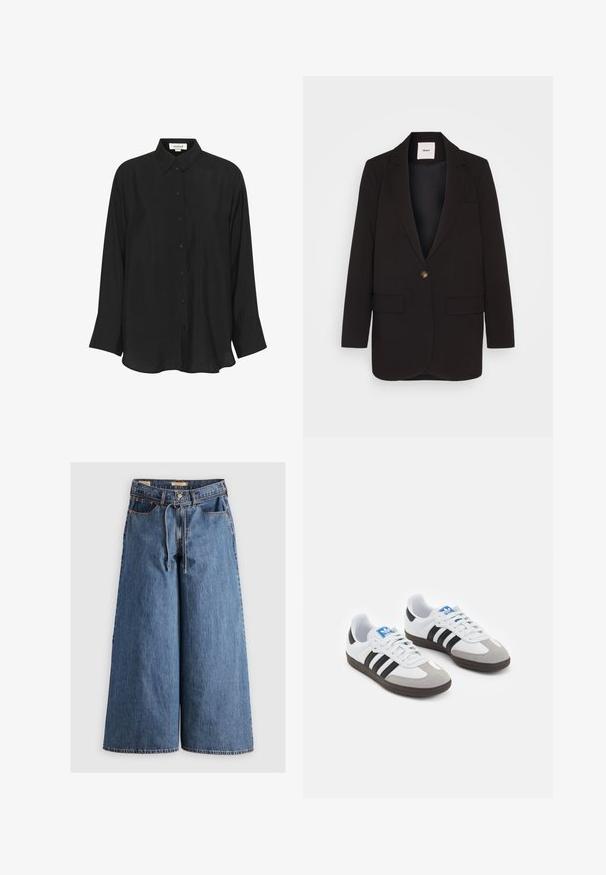 Blazer negro con cierre de un solo botón, dos bolsillos frontales, solapas muescas y una textura suave. Etiqueta visible dentro del cuello.; Camisa negra de manga larga hecha de una tela ligera, con cuello puntiagudo, cierre de botones en la parte delantera y puños ligeramente acampanados. Textura suave.; Bodysuit negro de encaje con mangas largas, estampado de flores y escote redondeado; presenta un corte de tanga en la parte inferior para una silueta ajustada.; Pantalones de mezclilla de pierna ancha en azul medio con cintura alta, que cuentan con un cordón, cinco bolsillos y detalles de costura en contraste.; Zapatillas deportivas con parte superior de piel blanca, puntera de ante gris y tres rayas negras. Presentan un logo azul en la lengüeta y una suela de goma texturizada.