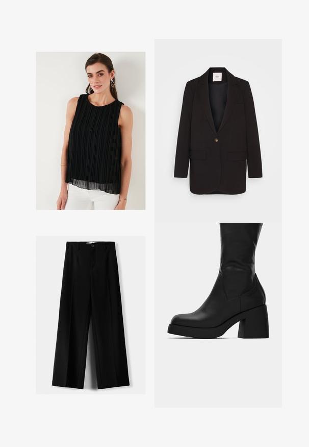 Crni sako s jednim dugmetom, dva prednja džepa, izrezanim reverom i glatkom teksturom. Oznaka vidljiva unutar ovratnika.; Crna majica bez rukava s vertikalnim nabora, okruglim izrezom i lepršavim siluetom. Izrađena od lagane tkanine s slojevitom teksturom.; Crne široke hlače izrađene od lagane tkanine, s prednjim zatvaranjem na dugme i ravnim prednjim dijelom, sa uredno šivenim rubovima.; Crna kožna čizma do sredine lista s masivnom blok petom i zaobljenim vrhom, prikazana sa bočne strane na bijeloj pozadini.