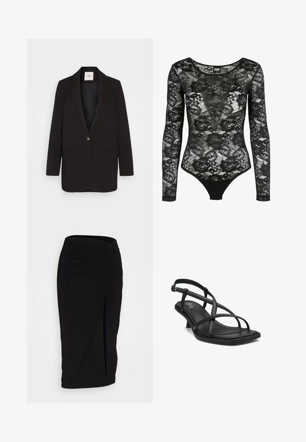 Blazer negro con cierre de un solo botón, dos bolsillos frontales, solapas muescas y una textura suave. Etiqueta visible dentro del cuello.; Bodysuit negro de encaje con mangas largas, estampado de flores y escote redondeado; presenta un corte de tanga en la parte inferior para una silueta ajustada.; falda lápiz negra con fruncido, detalle de lazo y abertura lateral. Hecha de un tejido elástico, con una textura suave y un diseño ajustado.; Sandalia slingback de cuero negro con múltiples tiras entrelazadas, punta cuadrada, tacón minimalista y plantilla de textura suave. Detalle de hebilla plateada.