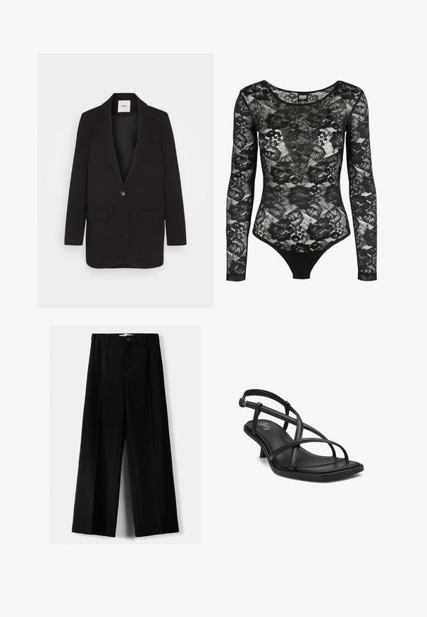 Crni sako s jednim dugmetom, dva prednja džepa, izrezanim reverom i glatkom teksturom. Oznaka vidljiva unutar ovratnika.; Crni čipkasti bodi s dugim rukavima, cvjetnim uzorcima i izrezom u obliku scoop; ima tanga rez na dnu za usku siluetu.; Crne široke hlače izrađene od lagane tkanine, s prednjim zatvaranjem na dugme i ravnim prednjim dijelom, sa uredno šivenim rubovima.; Crne kožne sandale s remenom, s više ukrštenih traka, kvadratnim vrhom, minimalnim potplatima i glatkom teksturiranom uložkom. Srebrni detalj s kopčom.