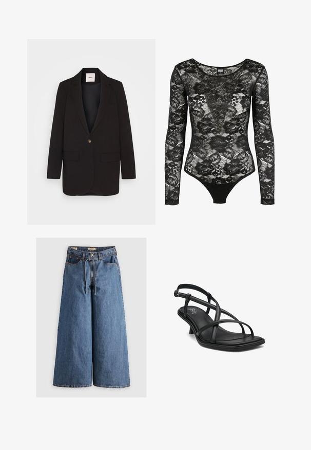 Czarny żakiet zapinany na jeden guzik, z dwoma przednimi kieszeniami, klapami z wycięciem i gładką teksturą. Metka widoczna wewnątrz kołnierza.; Czarny body z koronką, z długimi rękawami, kwiatowymi wzorami i okrągłym dekoltem; ma wycięcie thong na dole, co zapewnia dopasowaną sylwetkę.; Spodnie denimowe o szerokich nogawkach w średnim odcieniu niebieskiego, z wysokim stanem, z sznurkiem w talii, pięcioma kieszeniami oraz kontrastowymi szwami.; Czarne skórzane sandały na słupku z wieloma krzyżującymi się paskami, kwadratowym noskiem, minimalnym obcasem i gładką teksturowaną wkładką. Szczegół z srebrną klamrą.
