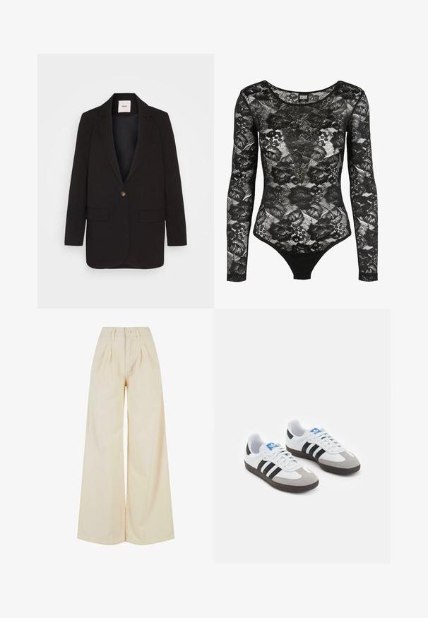Blazer nero con chiusura a un bottone, due tasche frontali, rever a punta e una superficie liscia. Etichetta visibile all'interno del colletto.; Body in pizzo nero con maniche lunghe, motivi floreali e scollo a barca; presenta un taglio a perizoma nella parte inferiore per una silhouette aderente.; Pantaloni beige a gamba larga con vita alta, dotati di chiusura a bottone e dettagli plissettati. Tessuto liscio con una morbida texture.; Scarpe sportive con tomaia in pelle bianca, punta in suede grigia e tre strisce nere. Presentano un logo blu sulla linguetta e una suola in gomma testurizzata.