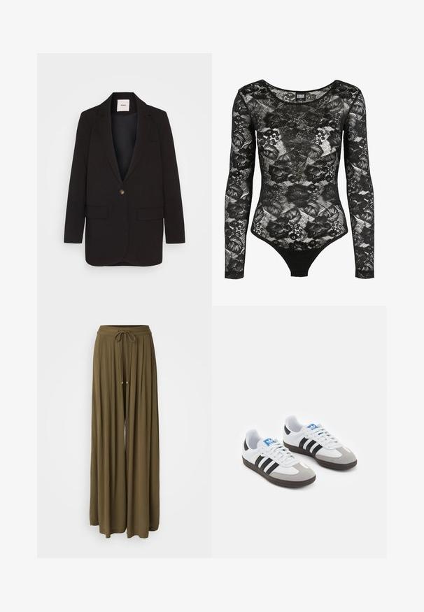 Crni sako s jednim dugmetom, dva prednja džepa, izrezanim reverom i glatkom teksturom. Oznaka vidljiva unutar ovratnika.; Crni čipkasti bodi s dugim rukavima, cvjetnim uzorcima i izrezom u obliku scoop; ima tanga rez na dnu za usku siluetu.; ONLY ONLCHIARA PANTS - Hlače - khaki; Sportske cipele s gornjištem od bijele kože, sivi suedinasti nos i tri crne pruge. Imaju plavi logo na jeziku i teksturiranu gumenu podlogu.