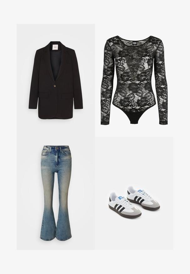 Černý blazer s jedním knoflíkem, dvěma předními kapsami, klopami a hladkou texturou. Štítek viditelný uvnitř límce.; Černé krajkové body s dlouhými rukávy, květinovými vzory a výstřihem ve tvaru lodičky; má spodní část s vykrojením pro štíhlou siluetu.; Rozšířené džíny ve světle modré džínovině s postupným vyblednutím. Mají vysoký pas, pět kapes a zapínání na knoflík s zipem.; Sportovní boty s bílým koženým svrškem, šedou semišovou špičkou a třemi černými pruhy. Obsahují modré logo na jazyku a texturovanou gumovou podrážku.