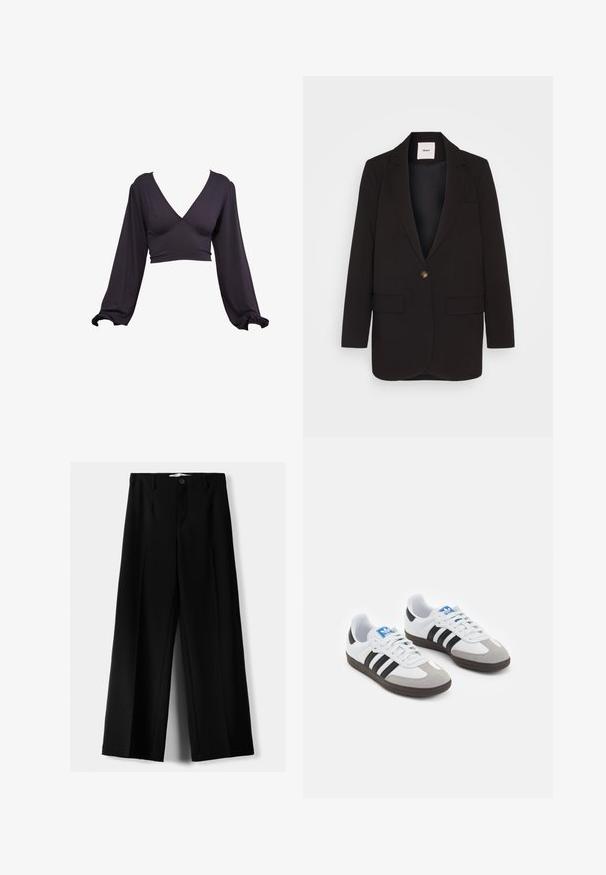 Black blazer with a single button closure, two front pockets, notched lapels, and a smooth texture. Label visible inside the collar.; Dark purple crop top with a V-neckline, long puff sleeves, and elastic cuffs. Made from a smooth, stretchy fabric with a fitted waist.; Black wide-leg trousers made of lightweight fabric, featuring a front button closure and flat front, with neatly stitched hems.; Sport shoes with a white leather upper, gray suede toe, and three black stripes. Features a blue logo on the tongue and a textured rubber sole.