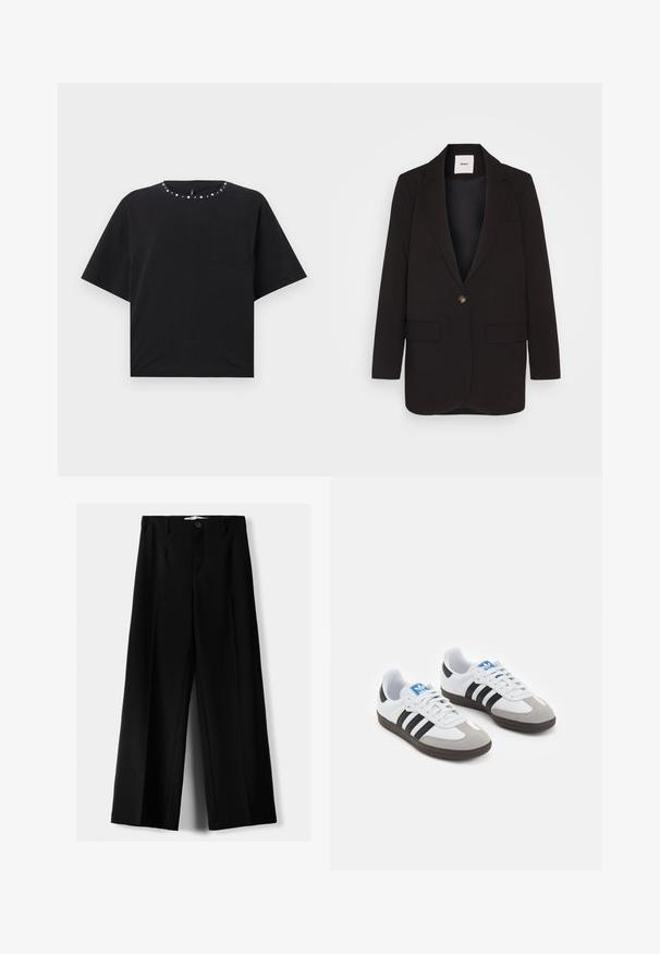 Črn blazer z enim gumbom, dvema sprednjima žepoma, zarezanimi reverji in gladko teksturo. Oznaka vidna znotraj ovratnika.; Črna majica s kratkimi rokavi in okroglim izrezom, okrašena z srebrnimi žebljički in majhno žepno. Narejena iz mehkega bombažnega blaga.; Črne široke hlače iz lahkega materiala, z zapiranjem na gumb spredaj in ravnim sprednjim delom, s skrbno zašiti robovi.; Športni čevlji z belim usnjenim zgornjim delom, sivim semišem na prstih in tremi črnimi črtami. Imajo modro logo na jeziku in teksturiran gumijast podplat.