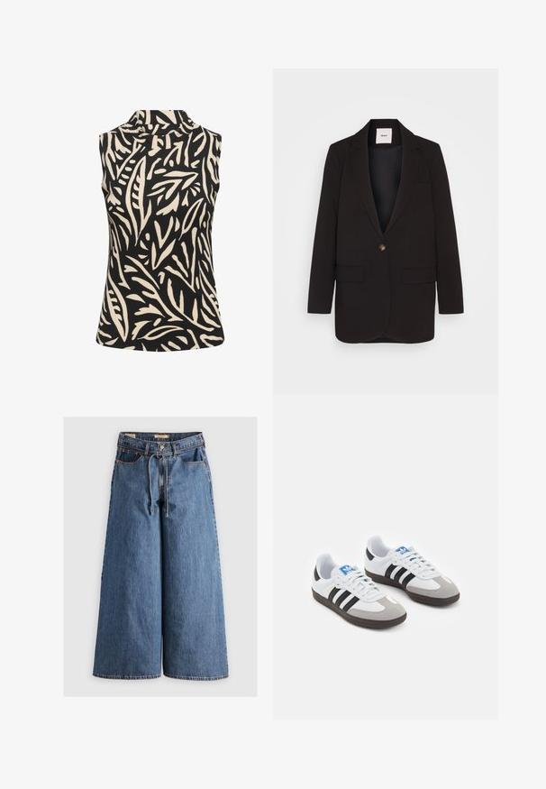 Blazer noir avec une fermeture à un bouton, deux poches avant, revers crantés et une texture lisse. Étiquette visible à l'intérieur du col.; Kaffe KAKATRINE PRINTED - Débardeur - black deep w. sandshell lines; Pantalon en denim évasé bleu moyen avec une taille haute, doté d'un cordon de serrage, de cinq poches et de détails de surpiqûres contrastantes.; Baskets avec une tige en cuir blanc, un bout en daim gris et trois bandes noires. Présente un logo bleu sur la languette et une semelle en caoutchouc texturée.