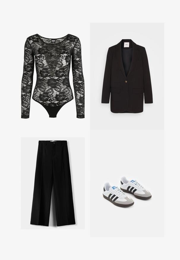 Crni sako s jednim dugmetom, dva prednja džepa, izrezanim reverom i glatkom teksturom. Oznaka vidljiva unutar ovratnika.; Crni čipkasti bodi s dugim rukavima, cvjetnim uzorcima i izrezom u obliku scoop; ima tanga rez na dnu za usku siluetu.; Crne široke hlače izrađene od lagane tkanine, s prednjim zatvaranjem na dugme i ravnim prednjim dijelom, sa uredno šivenim rubovima.; Sportske cipele s gornjištem od bijele kože, sivi suedinasti nos i tri crne pruge. Imaju plavi logo na jeziku i teksturiranu gumenu podlogu.