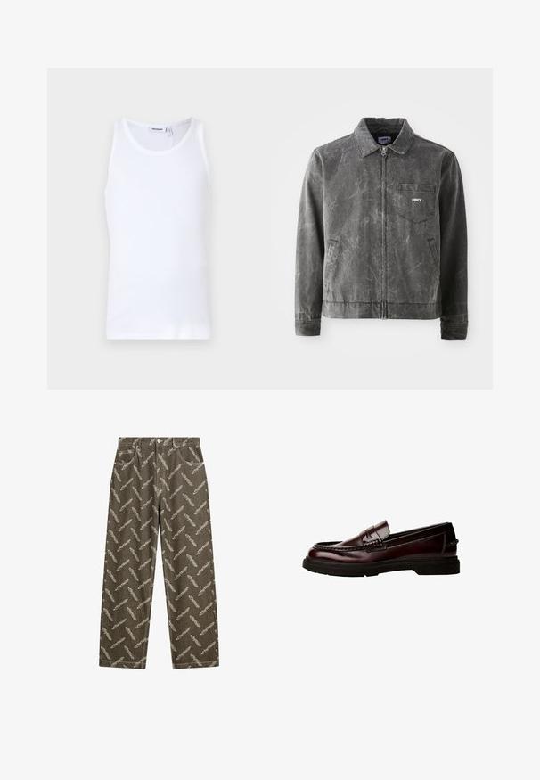 Grå canvasjacka med krage, framdragkedja och bröstficka på vänster sida. Den har en subtil texturerad yta och sidofickor.; Grå stickad tröja med krage, tre knappar fram och ribbad nederkant. Tyget verkar mjukt och texturerat, med en avslappnad passform.; Vit bomullstopp med rund halsringning och breda axelband. Slät textur, utan mönster, ren design och märkesetikett på halsringningen.; Khakifärgade denimbyxor med ett heltäckande fjädertryck i ljus beige. Löst snitt med standardfickor och kontrasterande sömdetaljer.; Bruna läder loafers med rund tå, detaljerad sömnad och gummisula. Har ett dekorativt band och en slät yta.