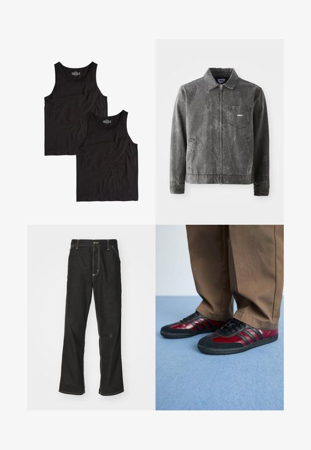 Chaqueta de lona gris con cuello, cierre frontal de cremallera y un bolsillo en el pecho izquierdo. Presenta un acabado texturizado sutil y bolsillos laterales.; Dos camisetas sin mangas negras de algodón, con un sencillo escote redondeado y diseño sin mangas, dispuestas en plano con textura suave.; Jeans de mezclilla negra con un corte holgado, que cuentan con costuras blancas contrastantes, cierre de botón y un diseño de pierna recta.; Zapatillas deportivas en negro y burdeos, confeccionadas con materiales de cuero y ante, con cordones negros y tres franjas negras en el lateral. Suela de goma.