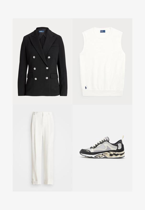 Sacou negru dublu cu două rânduri de nasturi, realizat dintr-un material neted, având nasturi argintii, rever cu crestătură, două buzunare frontale și croială slim fit.; Pulover alb fără mâneci, realizat din bumbac moale, cu un tiv crenelat și un mic logo bleumarin în colțul din stânga jos. Design simplu, fără modele.; Pantaloni albi, croiți pe măsură, cu două pliuri frontale, tăietură dreaptă și tivuri pliate. Realizați dintr-un material neted, având un design clasic.; Adidași gri cu accente negre, panouri din plasă și șireturi albe. Prezintă un model de flacără pe talpă și un mic tab de prindere galben la călcâi.