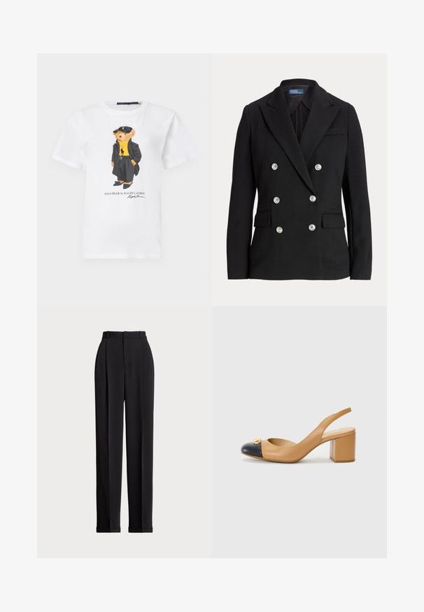 Juodas dvieilis švarkas iš lygios medžiagos, su sidabriniais mygtukais, atvartais, dviem priekinėmis kišenėmis ir siauru kirpimu.; Balta medvilninė marškinėliai su pieštuku lokiu juodu paltu ir kepure, geltonu megztiniu ir juodais batais. Pridėtas tekstas "Polo Bear by Ralph Lauren".; Juodos pritaikytos kelnės su aukštu liemeniu, su klostėmis priekyje, tiesaus kirpimo ir užlenktais kraštais. Pagamintos iš lygaus audinio.; Bežiniai odiniai slingback bateliai su juodu apvaliu pirštu, kvadratiniu kulnu ir dekoratyvia auksine detale priekyje. Visas paviršius lygus.