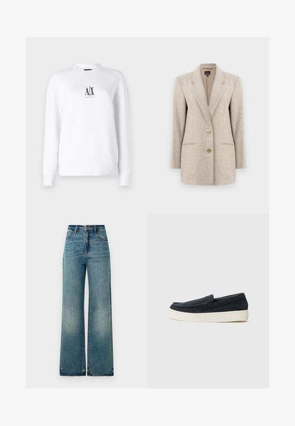 Beige halszálkás szabású blazer, kihajtható gallérral, két elülső zsebbel és aranyszínű gombokkal. Texturált anyagból készült, testhezálló fazonnal.; Fehér hosszúujjú pulóver, kereknyakú, fekete "A|X" logóval a mellkasán. Sima textúrájú, laza szabású. Egyszerű design, minta nélkül.; Világoskék farmer széles szárú nadrág magas derékkal, öt zsebbel és enyhén foszlott szegélyekkel rendelkezik, amely egy texturált, kopott hatást mutat.; Sötétkék velúr belebújós cipők kerek orral, kontrasztos fehér gumitalppal és minimális varrási részletekkel a varratok mentén.