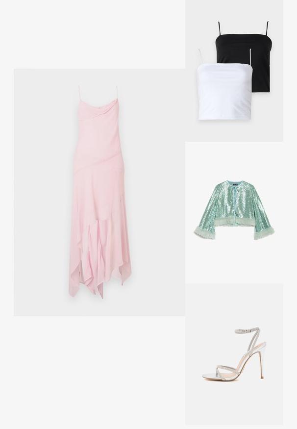 Krátká, zkrácená bunda v mátově zelené barvě pokrytá flitry, s zavazováním na uzel a chlupatými, strukturovanými kožešinovými akcenty na rukávech.; Růžové midi šaty s tenkými ramínky, které mají drapovaný korzet a asymetrický spodní lem. Vyrobené z lehké, splývavé tkaniny s hladkou strukturou.; Dvě přiléhavé topy bez rukávů v černé a bílé barvě. Vyrobené z měkké tkaniny s tenkými, nastavitelnými ramínky. Hladká textura, jednoduchý design, žádné viditelné vzory.; Stříbrné sandály na vysokém podpatku s tenkými pásky, zdobené kamínky, s elegantním designem a špičatou špičkou.