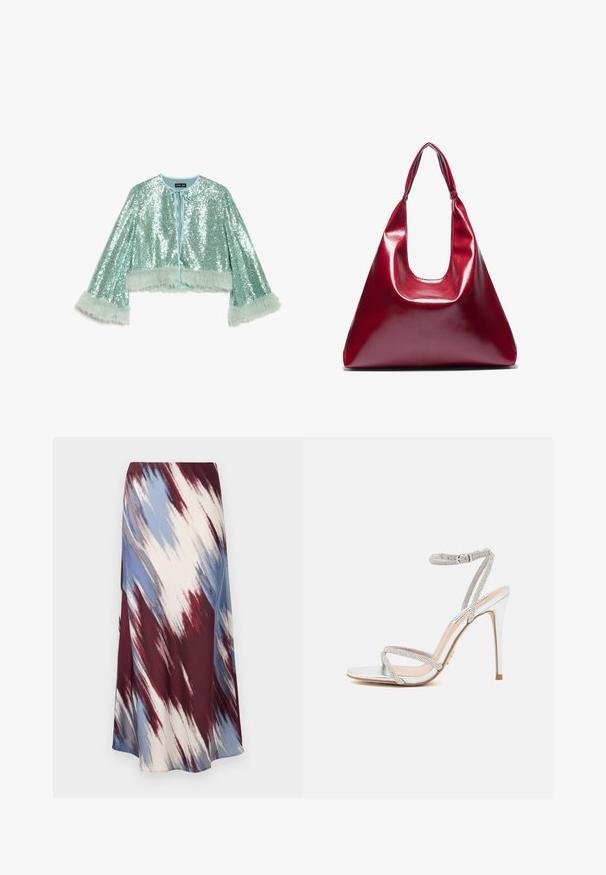 Lyhyt, lyhennetyllä leikkauksella varustettu mintunvihreä takki, joka on koristeltu paljeteilla. Siinä on nauhakiinnitys ja pörröiset, teksturoidut turkiskoristeet hihojen varrella.; Kaksi istuvaa camisole-yläosaa mustana ja valkoisena. Valmistettu pehmeästä kankaasta, jossa on ohuet, säädettävät hihnat. Sujuva pinta, yksinkertainen muotoilu, ei huomattavia kuvioita.; Pitkä hame, jossa on vino shibori-kuvio burgundinpunaisena, sinisenä ja kermanvärisenä, valmistettu pehmeästä kankaasta, jossa on valuvat siluetit ja hienoinen kiilto.; Hopeat korkeakorkoiset sandaalit ohuilla remmeillä, joissa on strasseja, tyylikkäällä muotoilulla ja kärjellä.; Punainen kiiltävä nahkakäsilaukku, jossa on kolmiomainen muoto, leveä yläaukko ja yksi kaareva kahva. Tasainen pinta, jossa on minimaalinen ommeltyyli.