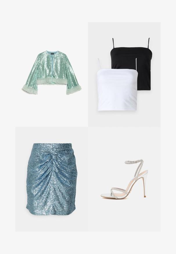 Kurze, taillierte Jacke in Minzgrün, bedeckt mit Pailletten, mit Bindverschluss und flauschigen, strukturierten Pelzakzenten entlang der Ärmel.; Zwei taillierte Trägershirts in Schwarz und Weiß. Hergestellt aus weichem Stoff mit dünnen, verstellbaren Trägern. Glatte Textur, schlichtes Design, ohne auffällige Muster.; Pailletten-Minirock in Hellblau mit gerafftem Textur, der eine figurschmeichelnde Silhouette bietet und glitzernde metallische Akzente aufweist.; Silberne High-Heels-Sandalen mit dünnen Riemen, verziert mit Strasssteinen, mit einem eleganten Design und einer spitzen Zehenpartie.