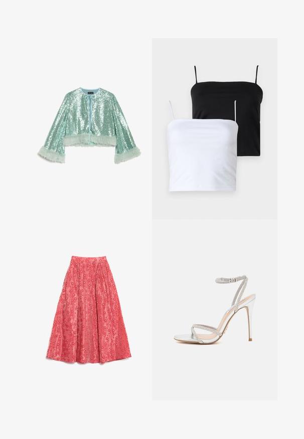 Jachetă scurtă, croită, de culoare verde mentă, acoperită cu paiete, prevăzută cu închidere prin legare și accente pufoase, cu textură de blană de-a lungul mânecilor.; Două topuri camizolă alegreată, unul negru și unul alb. Realizate dintr-un material moale, cu bretele subțiri și ajustabile. Textură netedă, design simplu, fără modele notabile.; Fustă lungă din coral, realizată dintr-un material texturat, cu un model floral ce include accente albe mici și pliseuri pentru volum.; Sandalie argintii cu toc înalt, cu curele subțiri, decorate cu cristale, având un design elegant și vârf ascuțit.