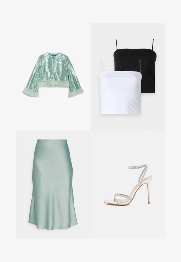 Rövid, felülvarrott dzseki mentazöld színben, flitterekkel borítva, megkötővel, valamint bolyhos, texturált szőrmés díszítéssel az ujjakon.; Két fekete és fehér színű, karcsú camisole felső. Puha anyagból készült, vékony, állítható pántokkal. Sima textúrájú, egyszerű dizájn, nem tartalmaz figyelemre méltó mintákat.; Mentazöld selyemszatén szoknya sima textúrával, karcsú sziluettel és enyhe hasítékkal az egyik oldalon. Nincs látható fémrész vagy minta.; Ezüst, magas sarkú szandál vékony pántokkal, strasszokkal díszítve, letisztult dizájnnal és hegyes orral.