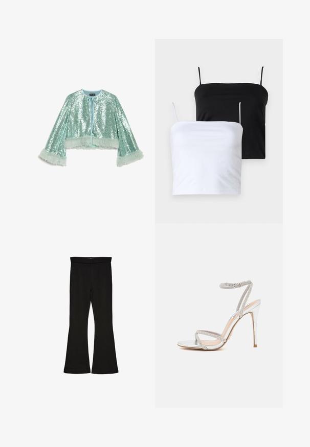 Kort, beskåret jakke i mintgrøn dækket med palietter, med bindelukning og bløde, teksturerede pelsdetaljer langs ærmerne.; To fitted camisole tops i sort og hvid. Fremstillet af blødt stof med tynde, justerbare stropper. Glat tekstur, simpelt design, ingen bemærkelsesværdige mønstre.; Sorte flared leggings lavet af strækbart stof. Har en bred talje og en glat tekstur, med en tætsiddende silhuet der bredder sig ved sømmen.; Sølv højhælede sandal med tynde stropper, prydet med rhinsten, og med et elegant design og spids tå.