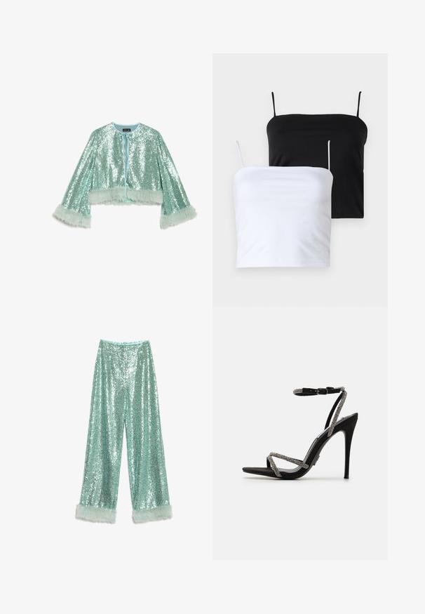 Krótka, skrócona kurtka w kolorze miętowym, pokryta cekinami, z zapięciem na wiązanie oraz puszystymi, teksturowanymi futrzanymi akcentami na rękawach.; Dwie dopasowane topy na ramiączkach w kolorze czarnym i białym. Wykonane z miękkiego materiału z cienkimi, regulowanymi ramiączkami. Gładka tekstura, prosty design, brak widocznych wzorów.; Spodnie o szerokich nogawkach z cekinów w jasnoniebieskim kolorze, z błyszczącą powierzchnią i miękkimi akcentami z sztucznego futra przy nogawkach.; Czarne sandały na wysokim obcasie z cienkimi, ozdobionymi paskami i zapięciem na kostkę. Zamszowy materiał, otwarty nosek i smukła, spiczasta sylwetka.