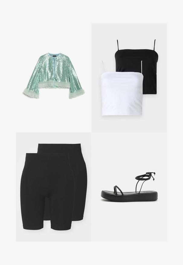 Kort, avkortet jakke i mintgrønn dekket med paljetter, med knyting som lukking og fluffy, teksturerte pelsdetaljer langs ermene.; To fitted camisetter i svart og hvitt. Laget av myk stoff med tynne, justerbare stropper. Glatt tekstur, enkelt design, uten merkbare mønstre.; Svart stretchy shorts i et ensfarget design, med en mid-rise midje og en glatt, myk tekstur. Leveres i en pakke med to.; Sorte flate sandaler med bred såle, tynne stropper og justerbar snøring ved ankelen. Glatt tekstur med minimalistisk design.